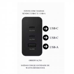 CARREGADOR PARA CELULAR USB C X 2 USB A 65W ADAPTER PRETO LEHMOX LE 627 1