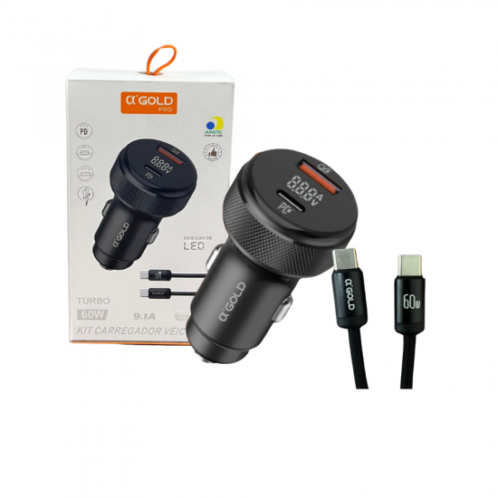 FONTE VEICULAR 2 USB-C PARA CELULAR CJ12-3 GOLD 60W 9.1a PRETO