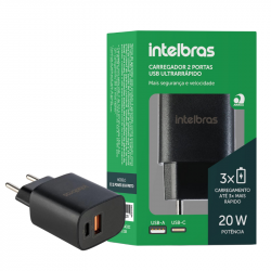 FONTE USB-A/USB-C PARA CELULAR INTELBRAS 4820106 AC/DC EC 11 POWER 20W 3.0A PRETO