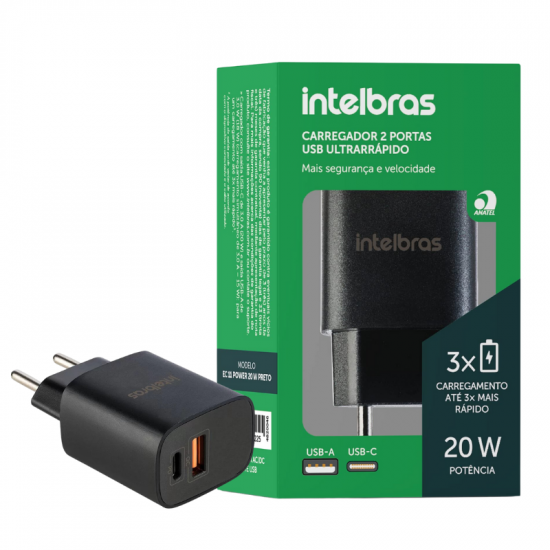 FONTE USB-A/USB-C PARA CELULAR INTELBRAS 4820106 AC/DC EC 11 POWER 20W 3.0A PRETO