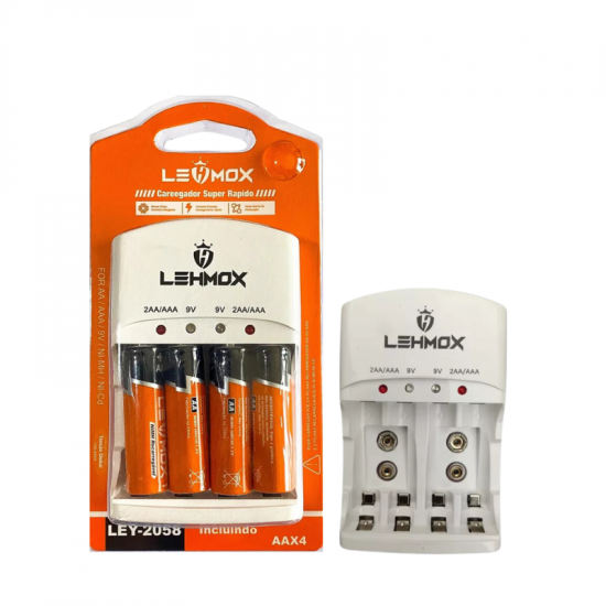 CARREGADOR DE PILHA LEHMOX COM 4 PILHAS PALITO AA LEY-2058 CARREGADOR DE PILHA LEHMOX COM 4 PILHAS PALITO AA LEY-2058