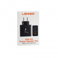 CARREGADOR PARA CELULAR USB C X 2 USB A 65W ADAPTER PRETO LEHMOX LE 627 1