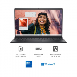 NOTEBOOK DELL INSPIRON CORE I3 15P 8GB 512GB SSD i3-100U 3530 WIFI BT FHD